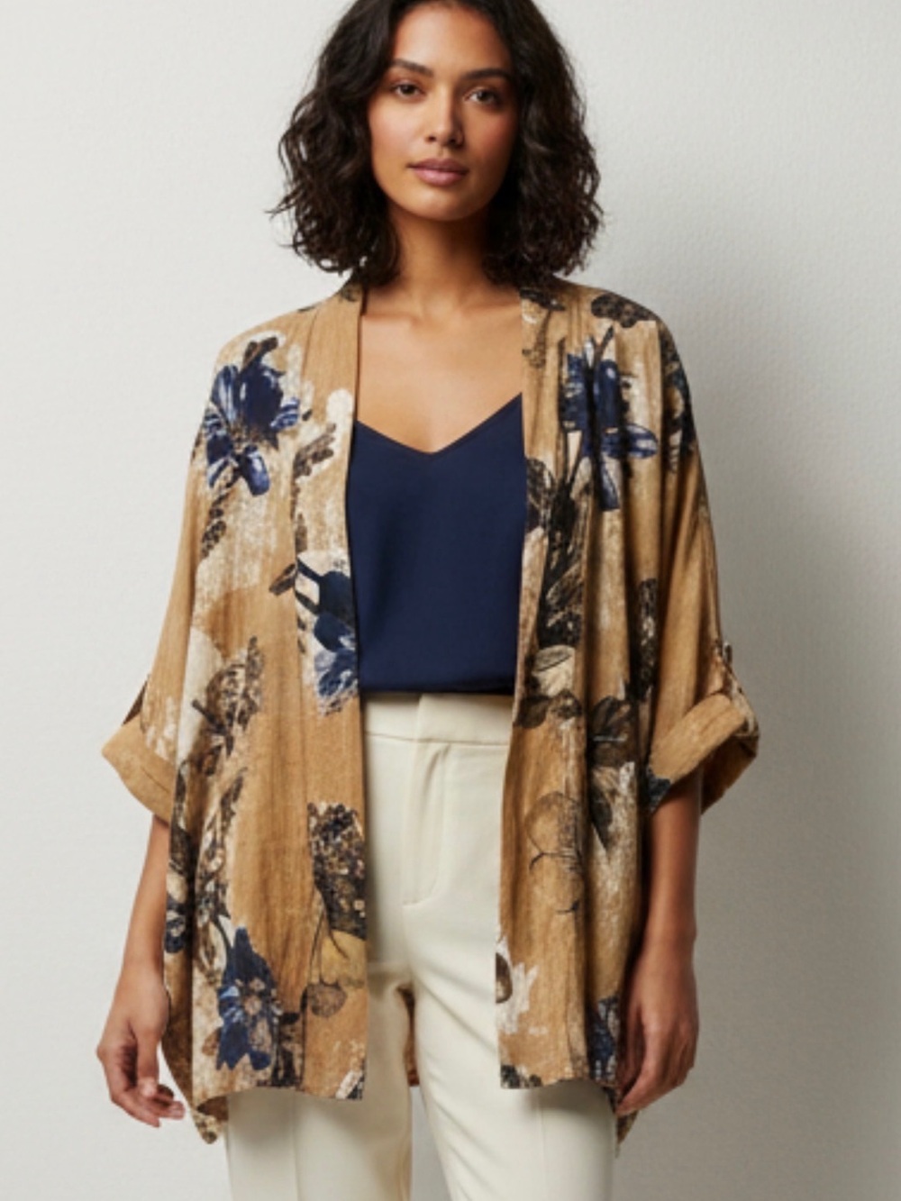 Made in Italy, 100% linen Floral Open-Front Kimono Cardigan in Mustard and Navy